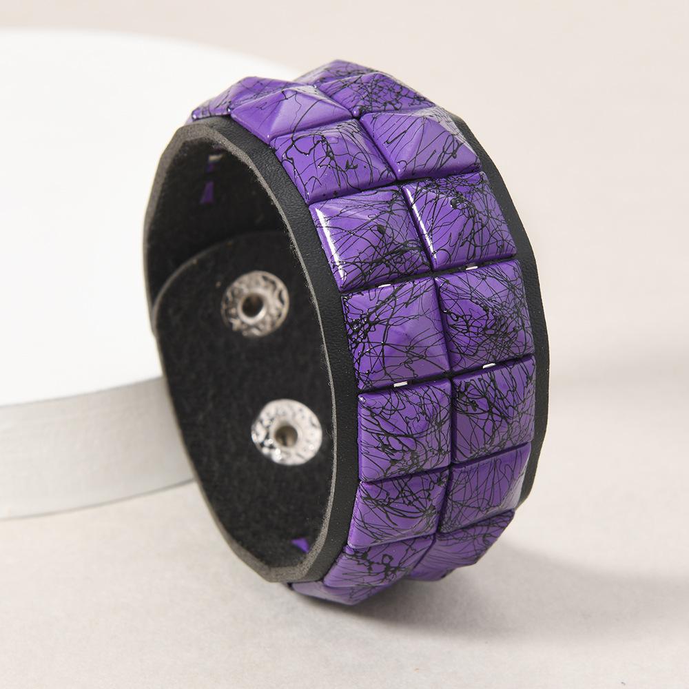 Hip Hop Rock Wide Wrap Bangle Hand Rainbow Color Block Spiked Bracelet for Men Women Punk Rivet Leather Cuff Bracelets