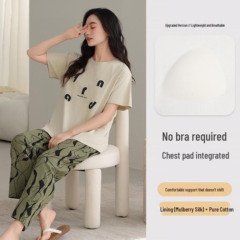 

Women s Summer Cotton Pajama Set: Short-Sleeved Shirt with Silk Bra Pads & Long Pants L (50-60 kg)