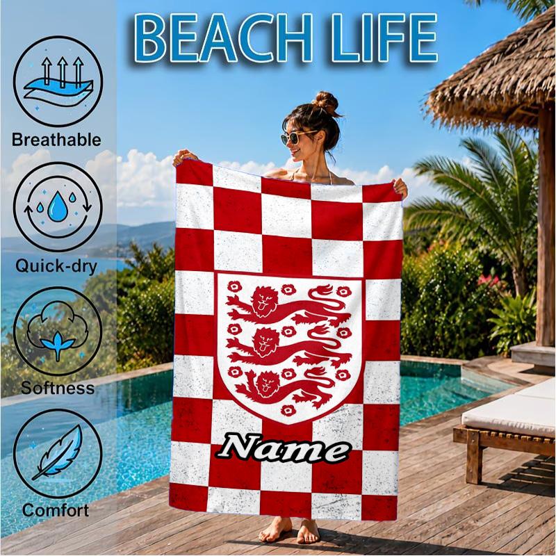 Custom Name Beach Towel England Heritage Crest Microfiber Beach Towel, Lightweight for Summer Travel, Swimming Pool Fan Birthday Gift