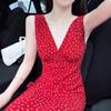 Pure & Sexy Red Floral Tie-Strap Spaghetti Strap Dress - Women's Waist-Slimming, Figure-Flattering Long Dress