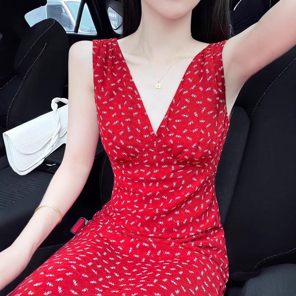 

Pure & Sexy Red Floral Tie-Strap Spaghetti Strap Dress - Women s Waist-Slimming, Figure-Flattering Long Dress Extra Large червоний