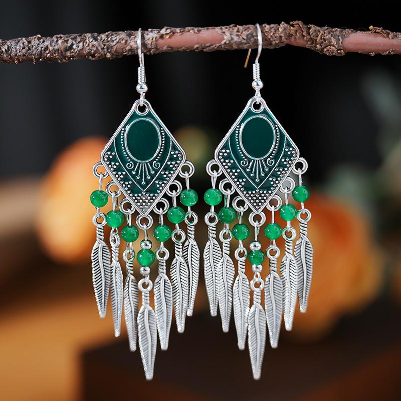 Fashion Vintage Bohemian Leaf Tassel Drop Dangle Earrings For Women Enamel Rhombus Geometric Beads Handmade Boho Earring Zircon