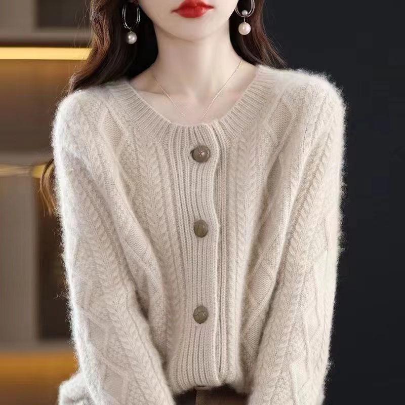 Elegant Diamond Buckle Knit Cardigan for Women - Autumn/Winter Loose Fit 