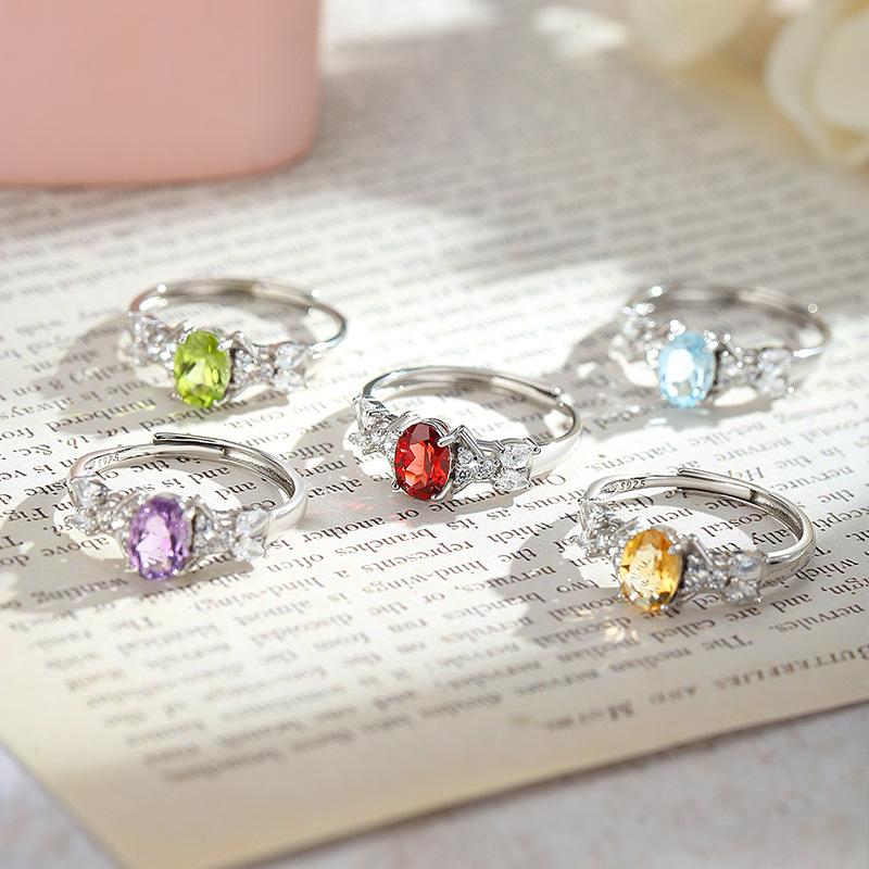 S925 Sterling Silver Natural Stone Ring for Women, Japanese Style Elegant Crystal Band, Adjustable Dainty Jewelry, Daily Wear & Gift for Girlfriend