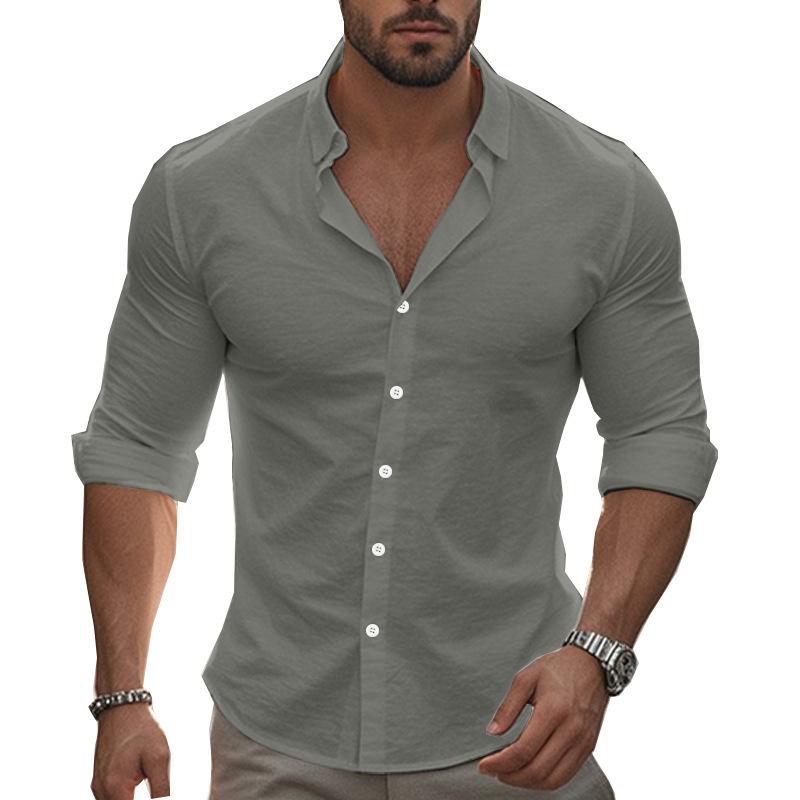 New Casual Solid-Colour Long-Sleeved Shirt Cotton Collared Button-Down Long-Sleeved Beach Shirt Top for Men