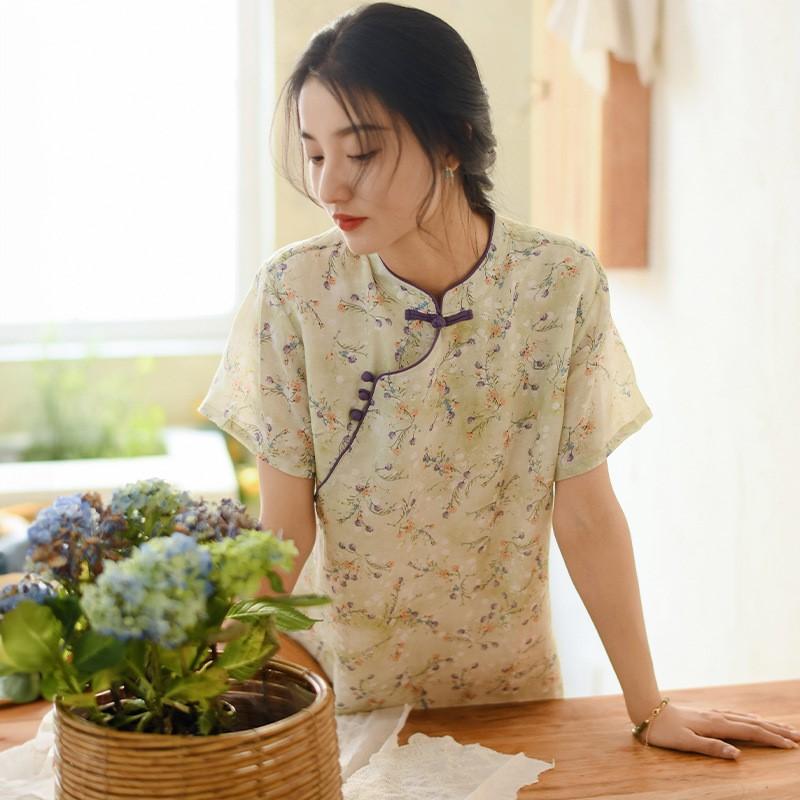 Johnature Women Vintage Print Floral Dress Stand Button Short Sleeve Summer Chinese Style Dress