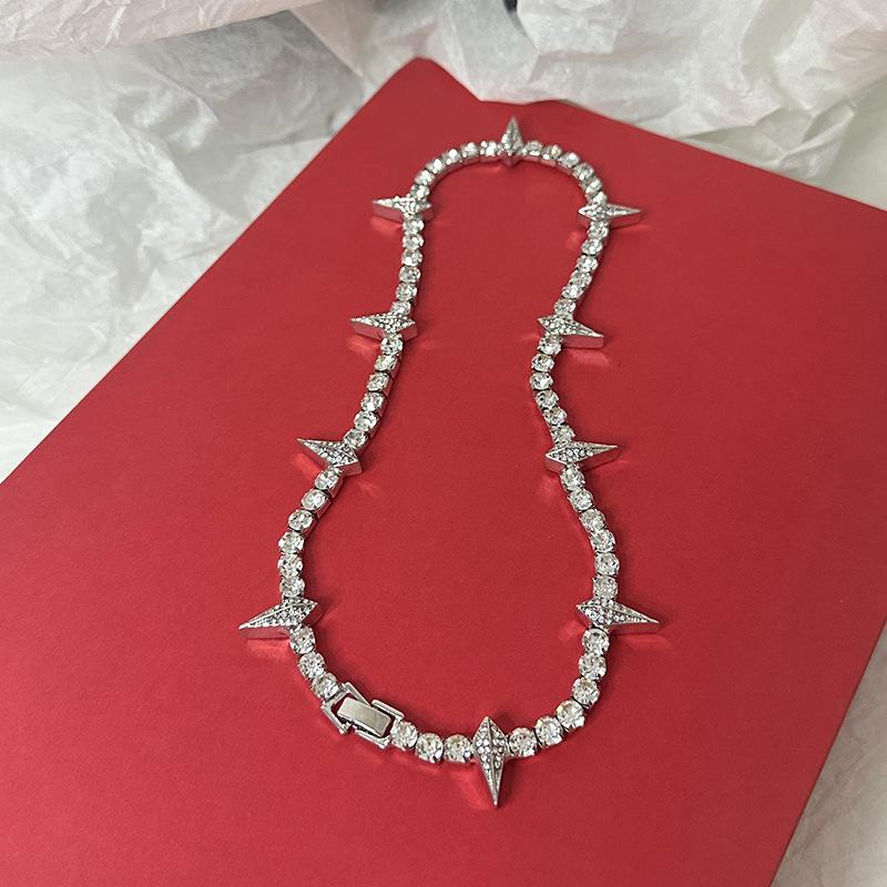 Tooxika Hip Hop Punk Personality Full Diamond Pointed Cone Necklace Street Style Sweet Cool Spicy Girl Collarbone Chain Men And Women Accessories
