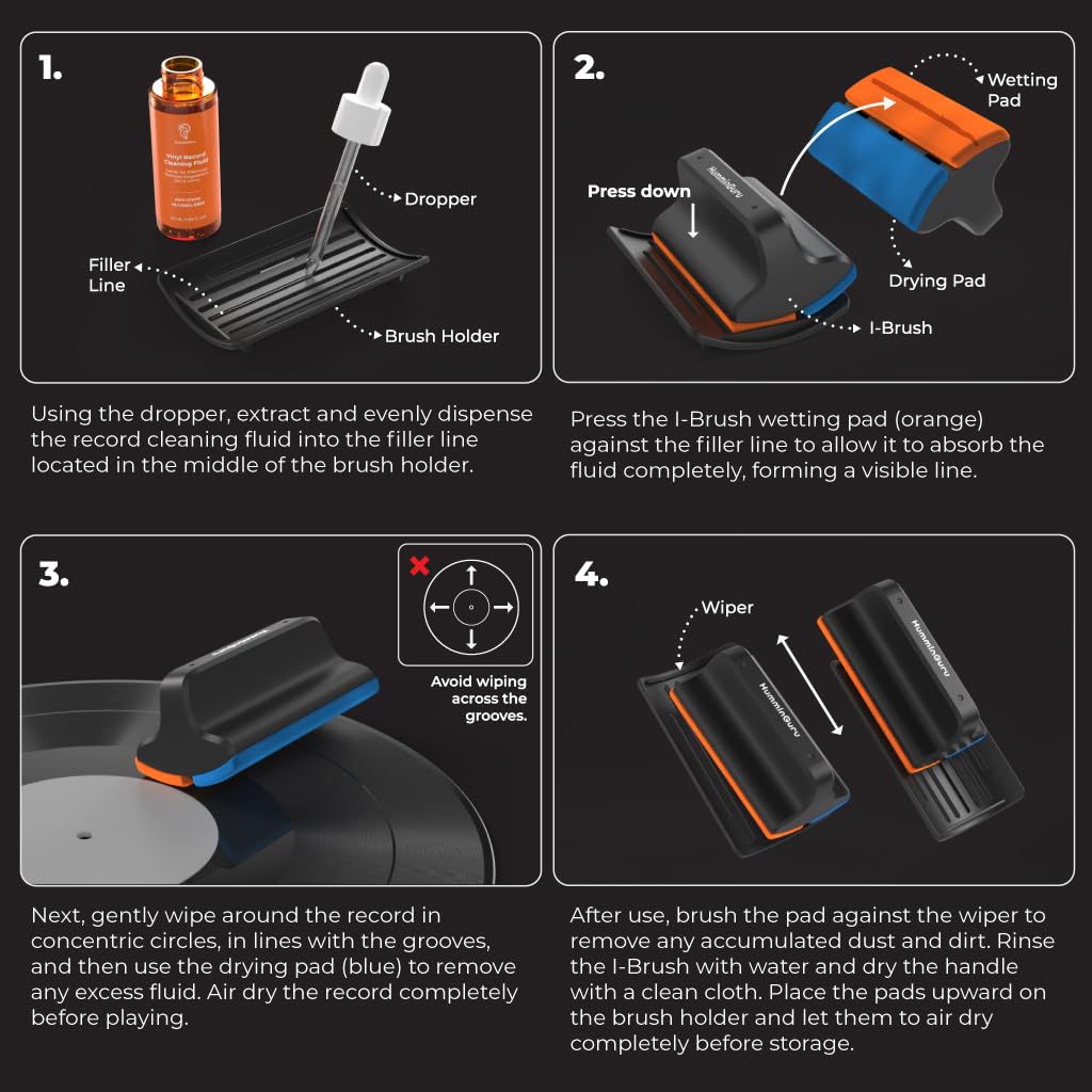 HumminGuru Limpieza de Discos de Vinilo Analógicos incluye limpieza de discos de vinilo y soporte para cepillo de LPs Para usar con tocadiscos y cepillo I-Brush para discos