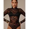 Dámský krajkový síťovaný průhledný body s květinovým vzorem, s rolákem, dlouhým rukávem, průhledný trikot