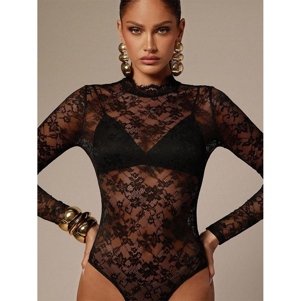 Dámský krajkový síťovaný průhledný body s květinovým vzorem, s rolákem, dlouhým rukávem, průhledný trikot