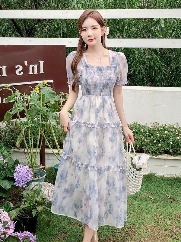 

Summer French Floral Long Dress: Slimming, Elegant, Sweet Princess Style Medium