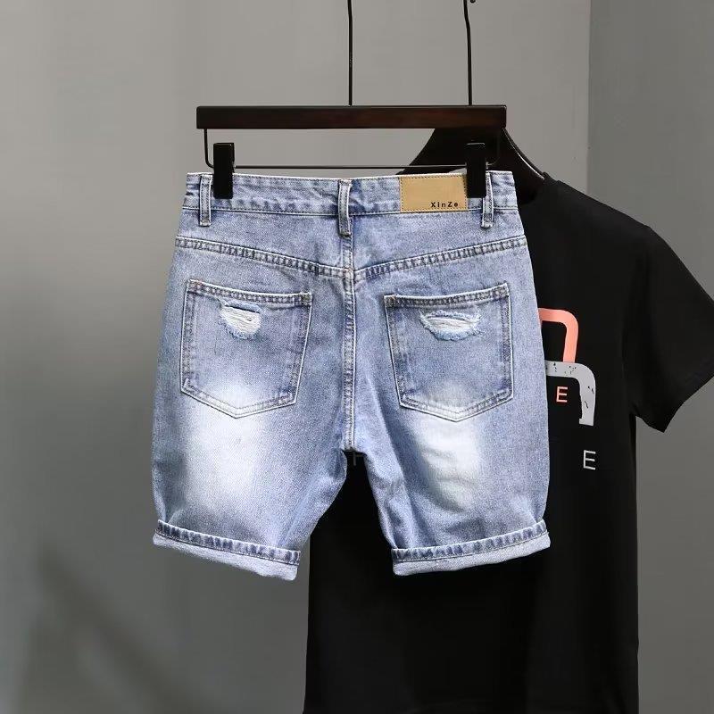 Men's Light Blue Ripped Denim Shorts - Trendy Korean Style Slim Fit with Pocket Details