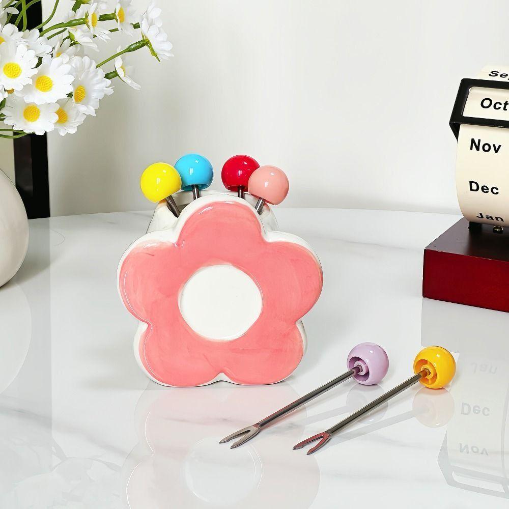 Flower Shaped Dessert Forks Portable Cute Toothpick with Holder  Kitchen Supplies