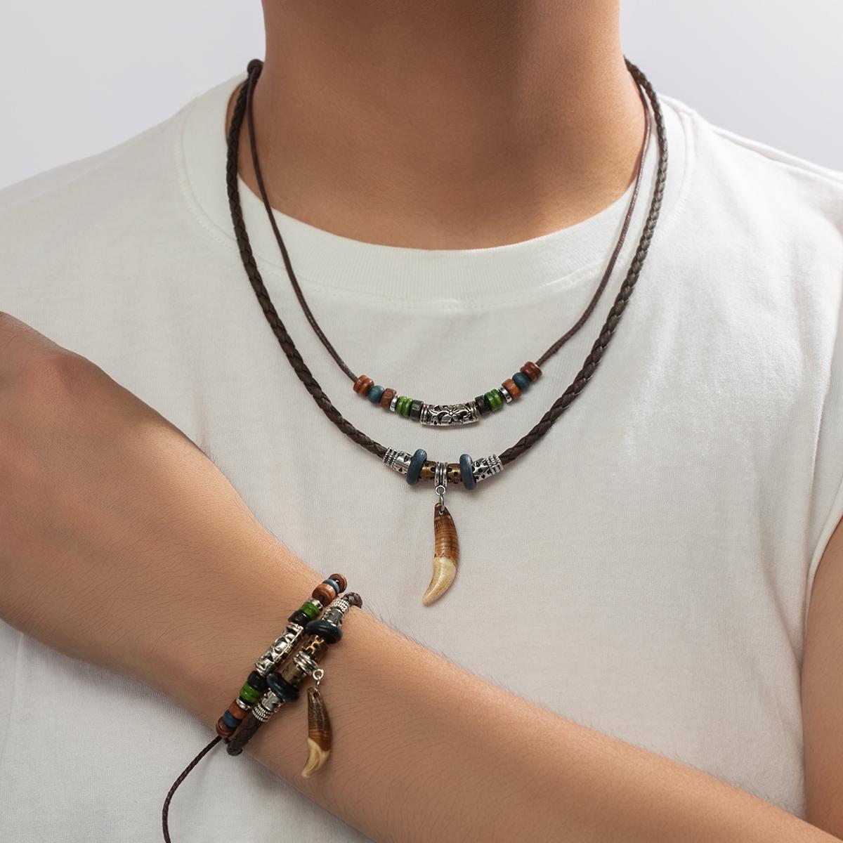 

2-piece retro style leather rope woven wooden bead wolf tooth pendant double-layer stacked men s jewelry set