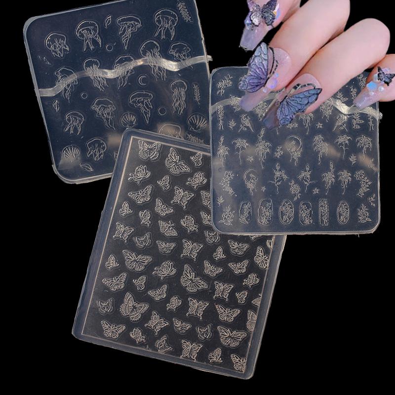 Nail Silicone Molds Butterfly Flower Jellyfish Stamp Template Nail Charms Nail Tools Nail Art Decoration Relief Nails Accessorie