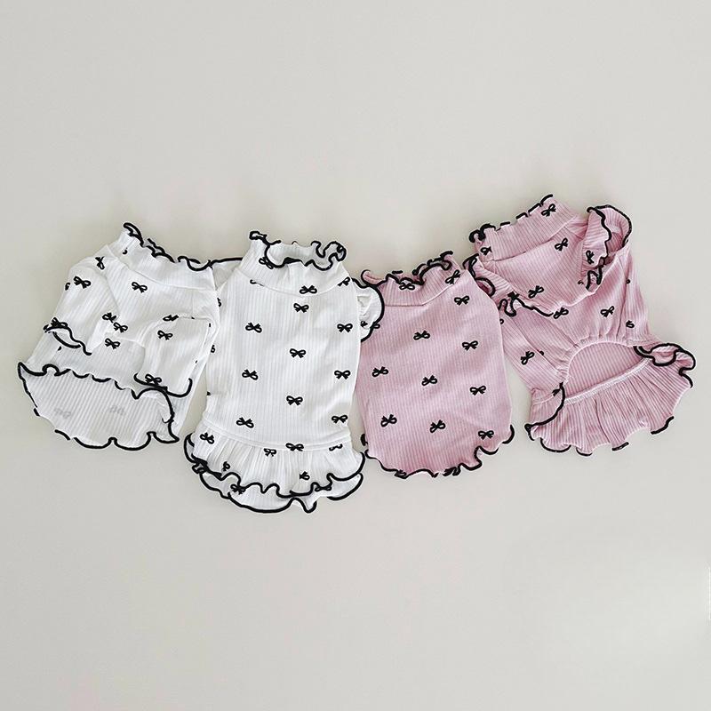 Pet Bow Printed Base Shirt Dog Dress Spring Autumn Bow Flying Sleeve Dress Long Sleeved Base Shirt Dog Clothes for Small Dogs
