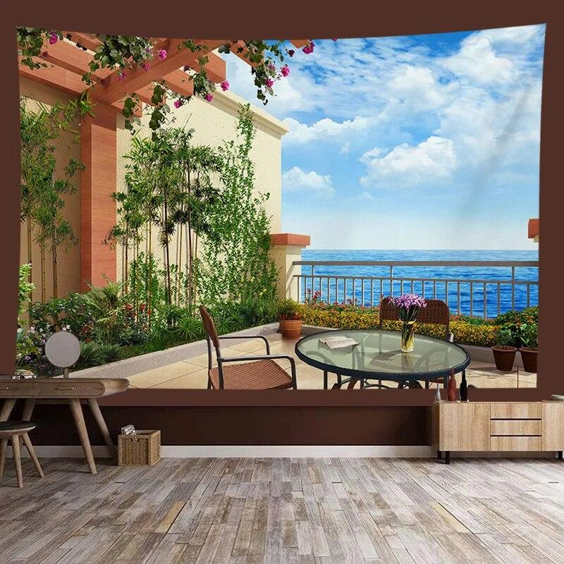 Window Sill Garden Beach View Large Tapestry Wall Hanging Bohemian Hippie Tapestry Room Aesthetic Living Room Home Decoration