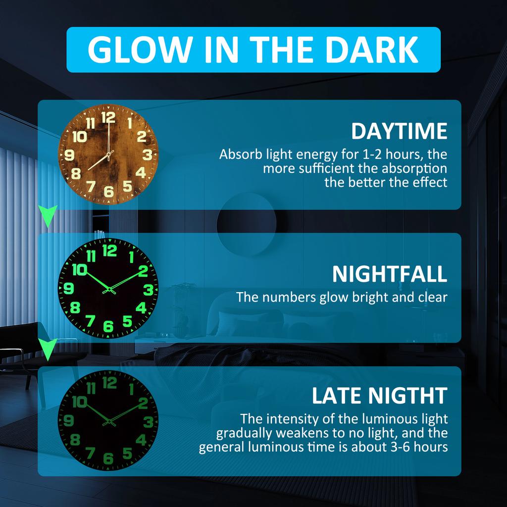 Luminous Wall Clocks Wooden Glow In The Dark Clock 12 In Silent Non-Ticking Lighted Wall Clock for Office Living Room Home Decor