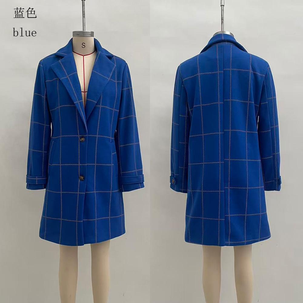 Women's Elegant Mid Length Woolen Coat Vintage Plaid Lapel Collar Casual Overcoat Long Sleeve Check Trench Coat Warm Winter Coat