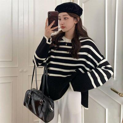 Suéter de malha listrado coreano estilo preguiçoso, suéter solto, outono e inverno, novo top feminino