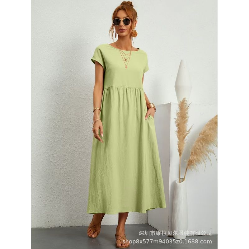 Short-Sleeve Pocket Women's Dress Short Sleeve Loose Pockets round Neck Pleating Dress