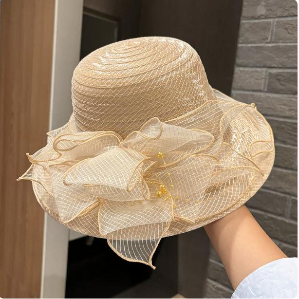Elegant Pearl Flower White Fisherman Hat Women's Summer Large Brim Sun Protection Fashionable Organza Sunshade Hat