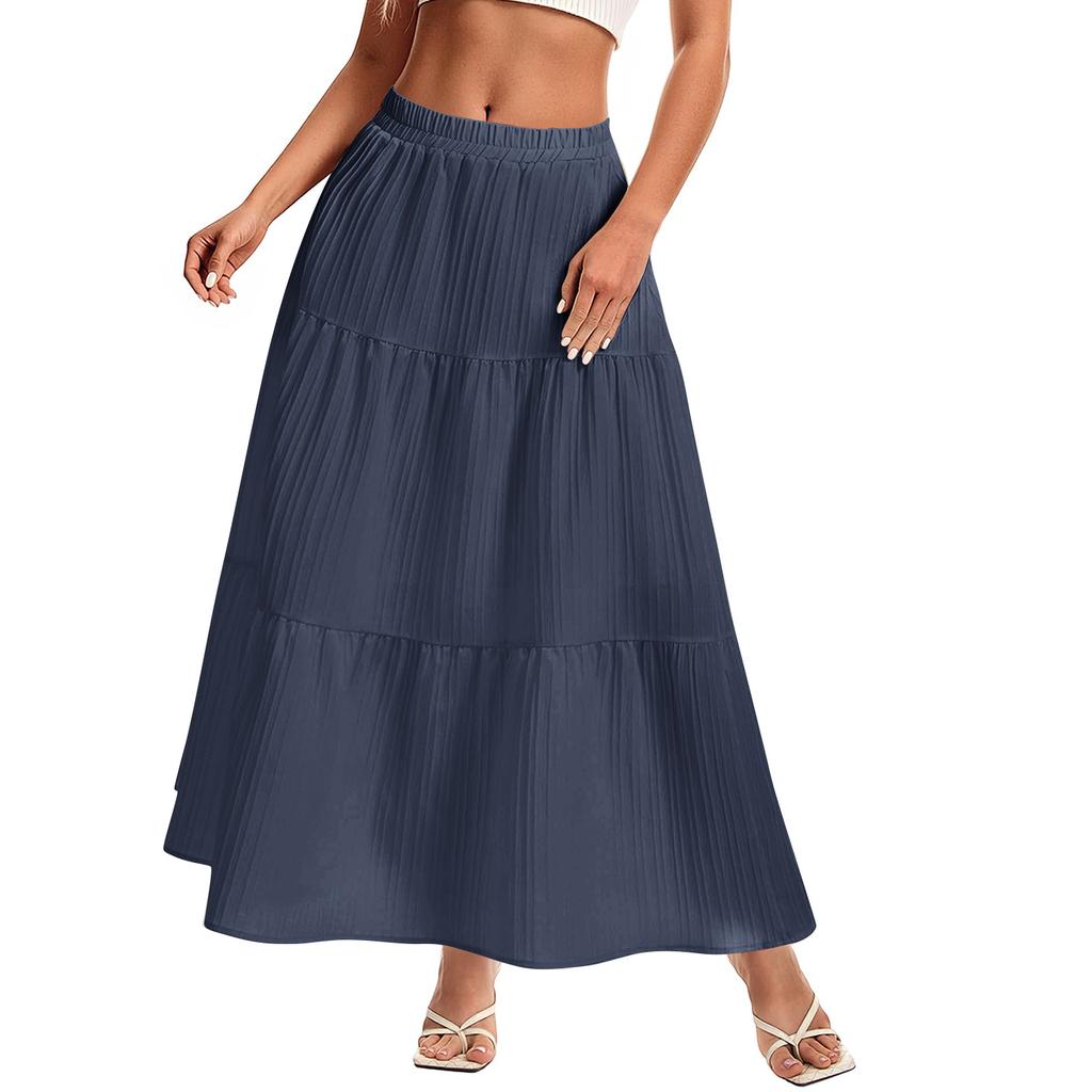 Women's High Waist Pleated Maxi Skirt Elastic Waistband Flowy Lightweight Long Skirt Tiered A Line Design Suitable for Casual and Daily Wear