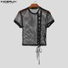 INCERUN Men O Neck Short Sleeve Side Bandage Mesh Sheer Fitted Cropped T-shirts