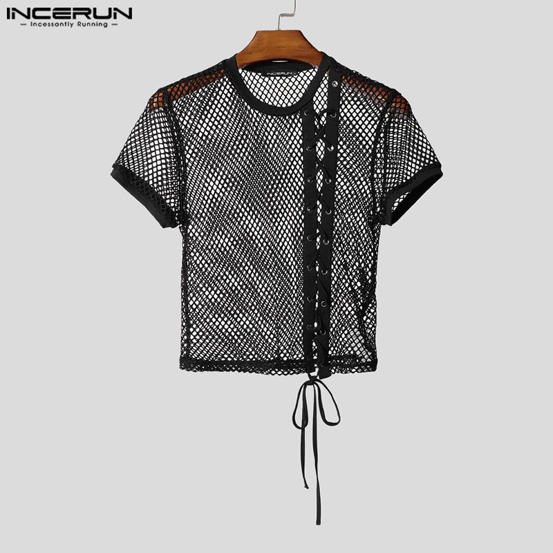 INCERUN Men O Neck Short Sleeve Side Bandage Mesh Sheer Fitted Cropped T-shirts