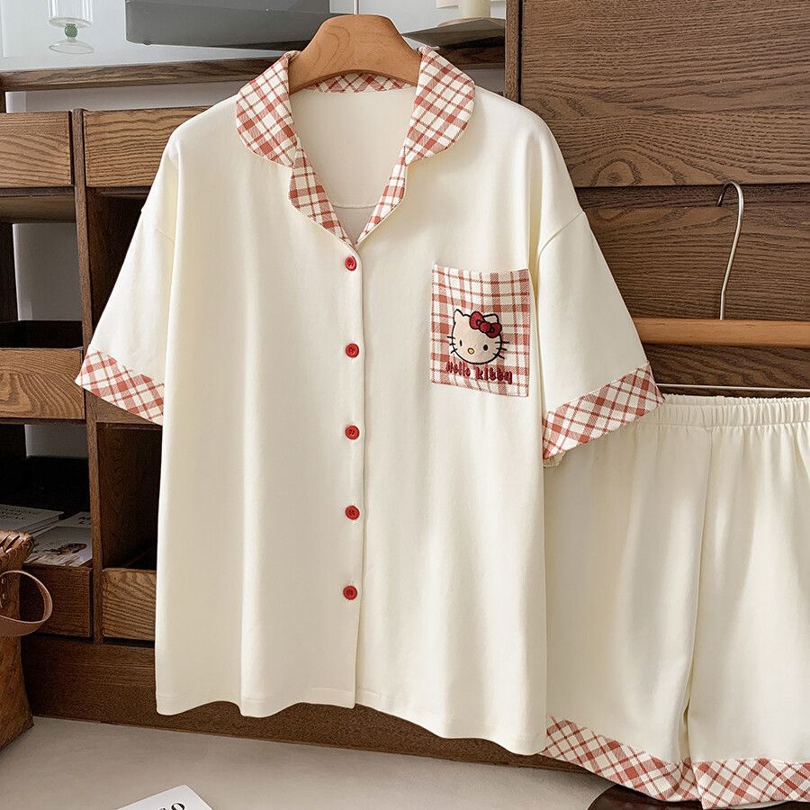 Cute contrasting collar pocket Kitty cat pajamas women s summer short-sleeved shorts set soft cute princess style loungewear S