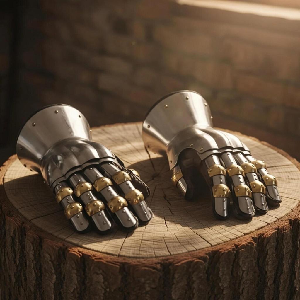 Churburg Medieval Gauntlets – Handcrafted 16G Steel Knight Armor Gloves with Brass Accents