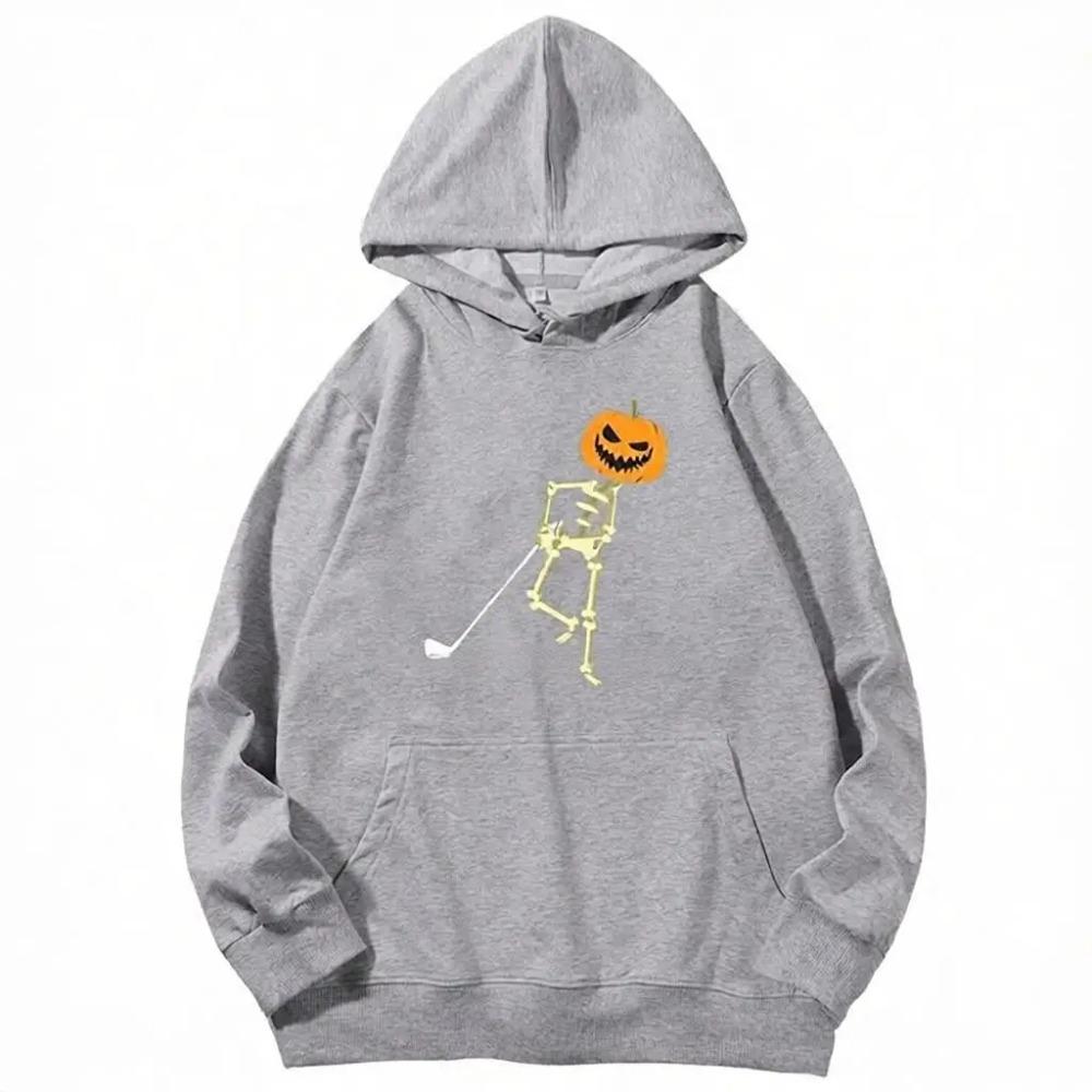 Funny Skeleton Head Pumpkin Playing Golf Humor Print Pullover Trendy Autumn Winter Long Sleeve with Pocket Women Harajuku Hoodie