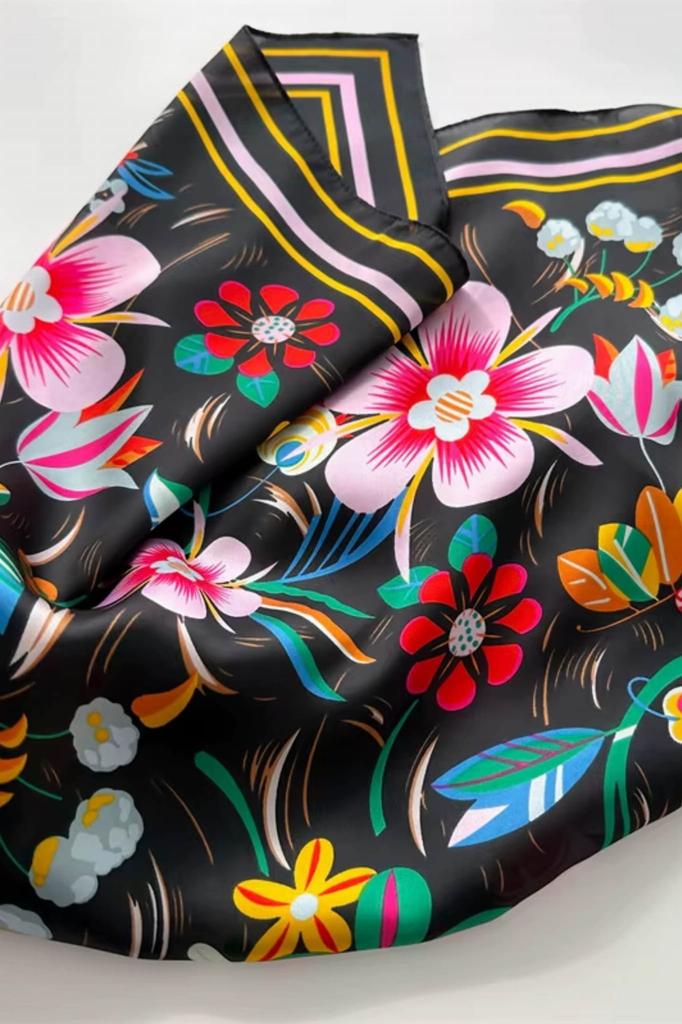 Satin Scarf 70X70 - Flowers on a Black Background