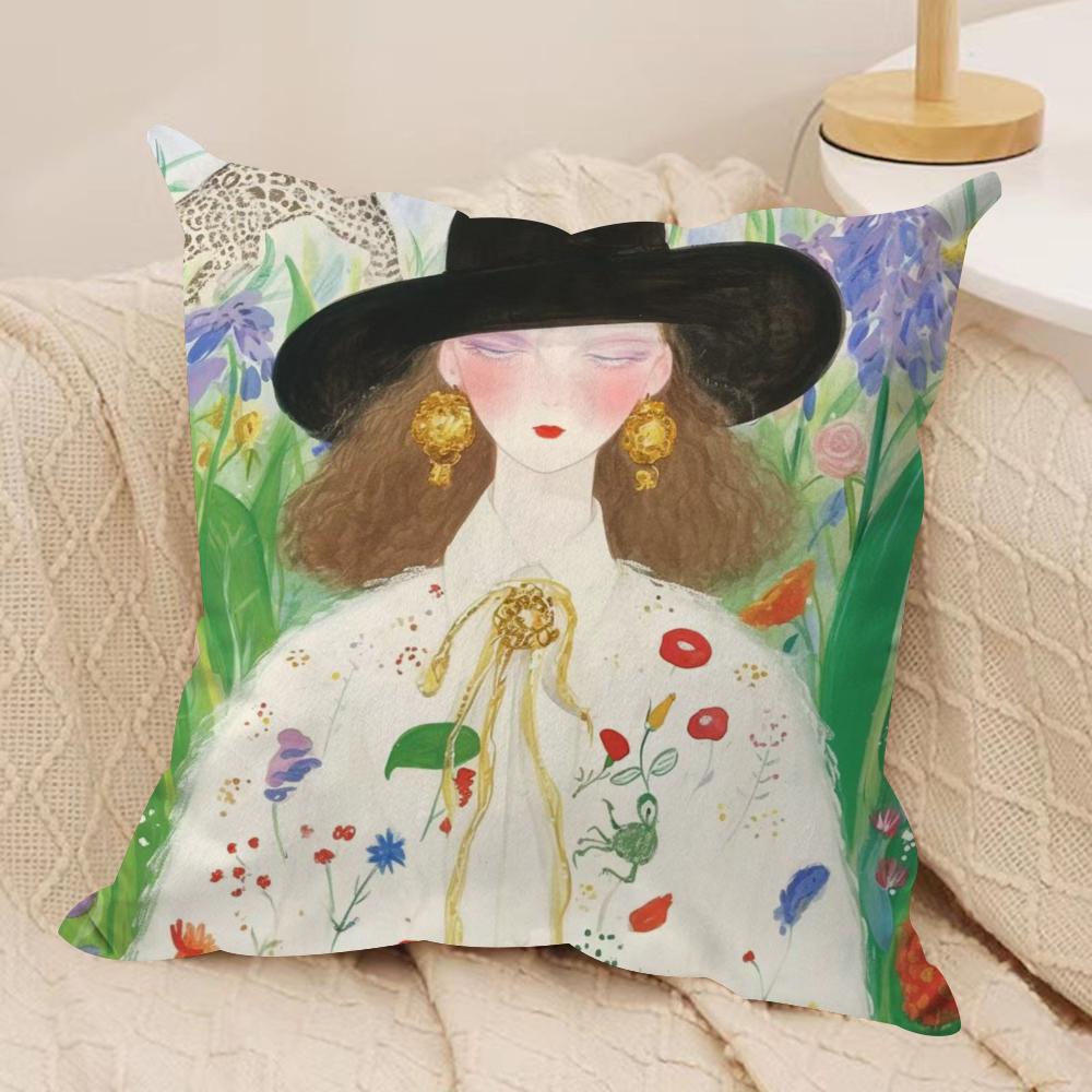 Fashion Illustration Cushion Cover Soft Plush Fabric Double-Sided Printed Sofa Cushion Cover for All Seasons Home Decor Gift