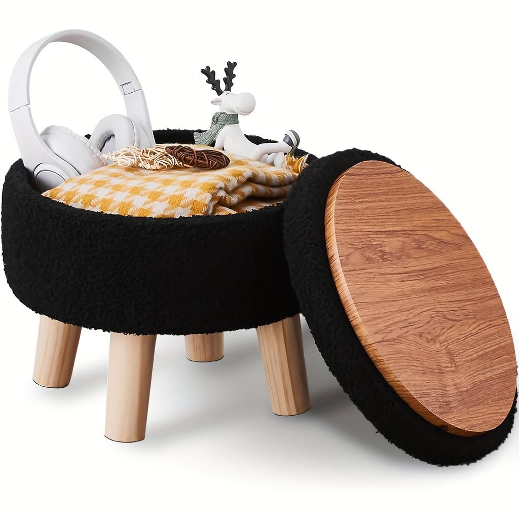Velvet Round Ottoman with Wood Legs - Multifunctional Footrest, Stool & Table for Living Room. Space-Saving!