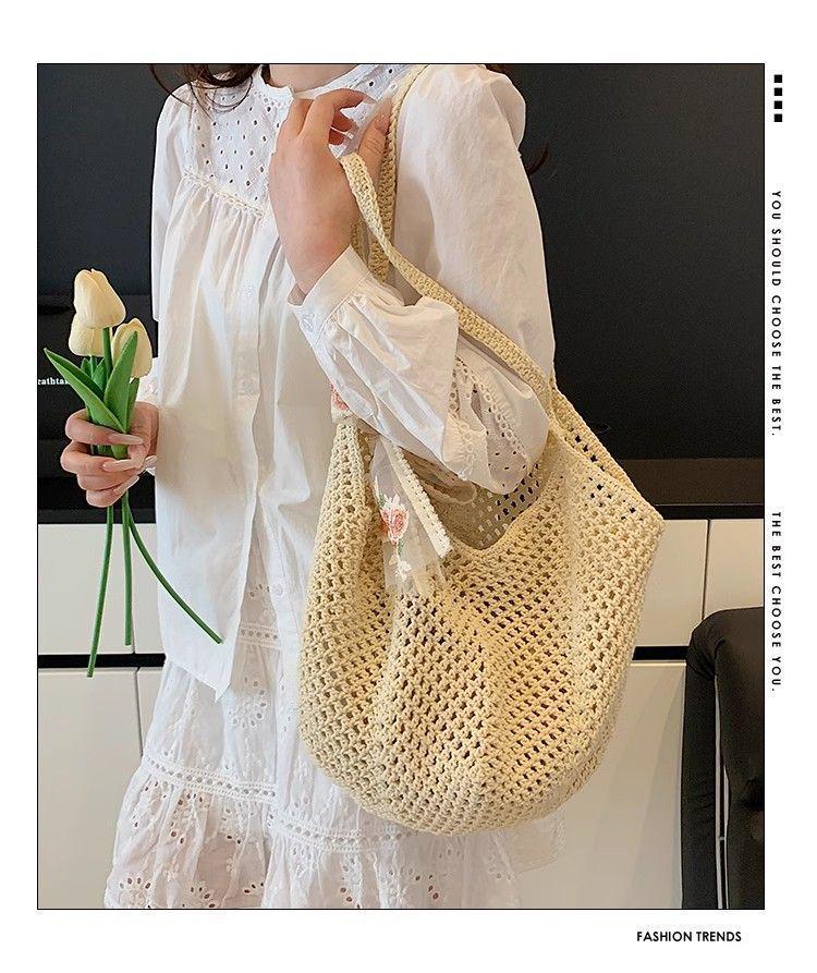 Women's Cotton Thread Knitted Shoulder Tote – Summer Large Capacity Floral Beach Bag