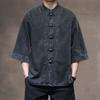 Mens Chinese Style Loose Denim Shirt Retro Pan Buckle Design Big Size Three Quarter Sleeve Top