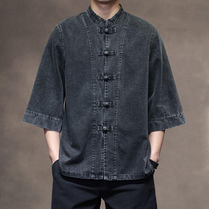 Mens Chinese Style Loose Denim Shirt Retro Pan Buckle Design Big Size Three Quarter Sleeve Top