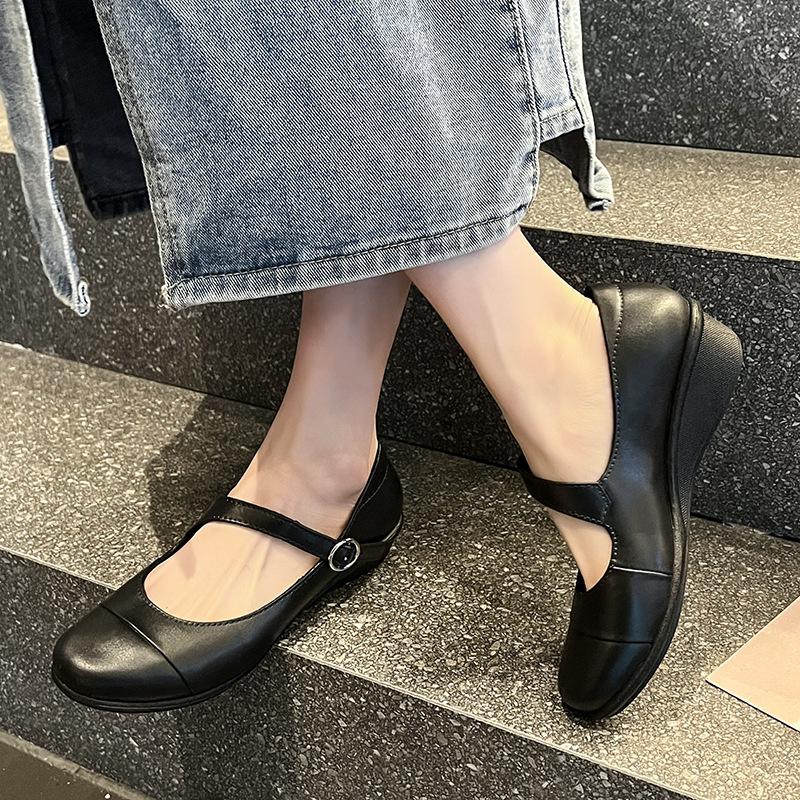 Loafers single shoes women's buckle wedge sandals thick sole heightening temperament black small leather shoes mother work shoes high heel