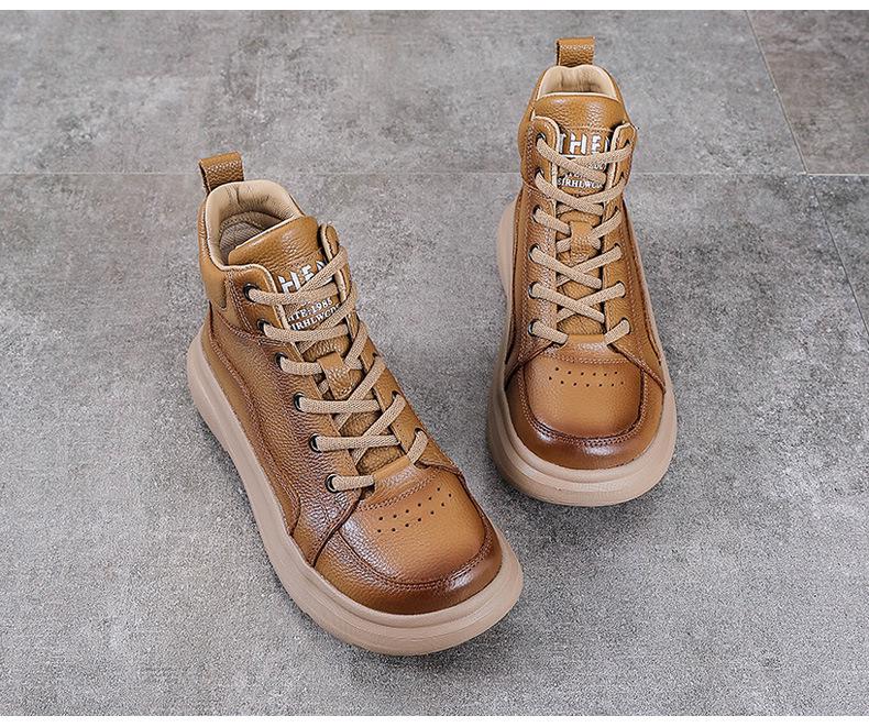 Dame Vintage Kuskinn Høye Ankelstøvletter med Tykk Såle og Rund Tå - Høst/Vinter Kolleksjon.