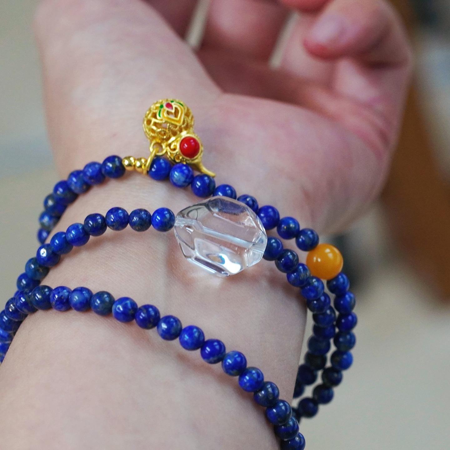 Vintage High-End Natural Lapis Lazuli Old Beeswax White Crystal Multi-Circle Bracelet Bracelet.