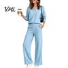 Solid Color Matching Sets Women Sweatshirt Pants 2-Piece Set, V-Neck Long Sleeve Top & Wide Fabric Fitness Clothing Leg Trousers with Elastic