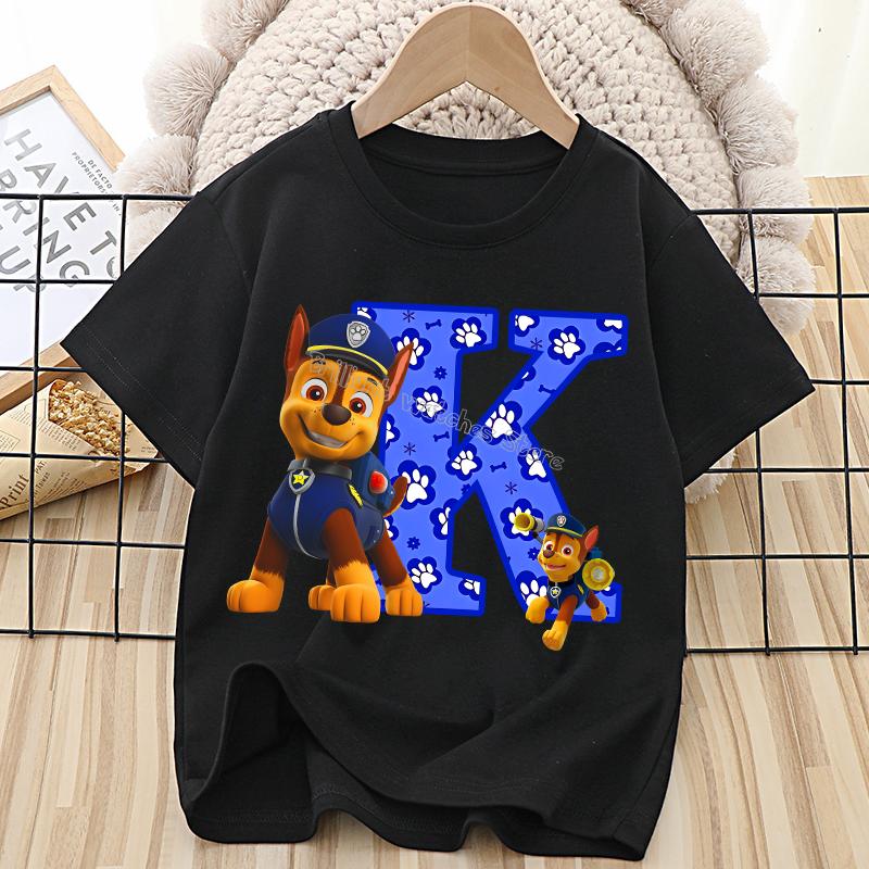 Paw Patrol Chase T-shirt for Children Cartoon Letter A-Z Tee Top Kawaii Round Collar Clothes Fashion Kids Black Clothing Gift