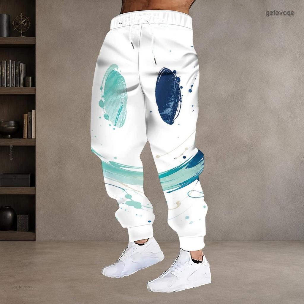 Men S Plus Size Abstract Leaf Geometric Printed Drawstring Waist Jogger Pants Side Pockets Cuffed Ankle