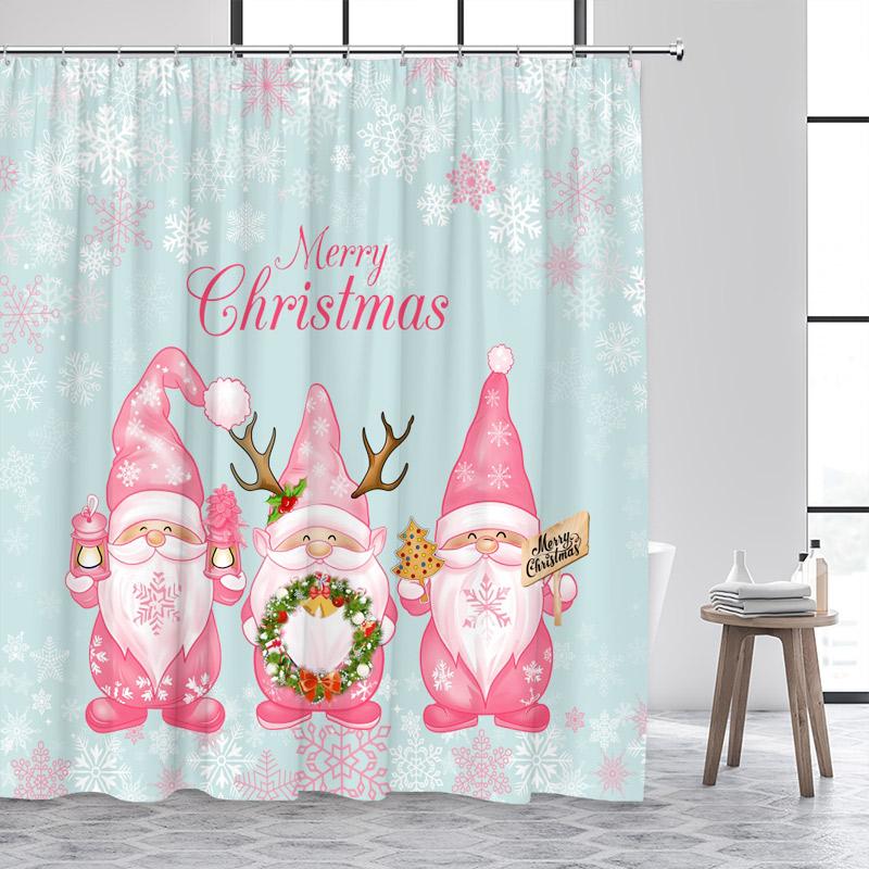 Cartoon Santa Claus Shower Curtains White Snowflake Wreath Blue Christmas Bath Curtain Set Fabric Home Bathroom Decor With Hooks