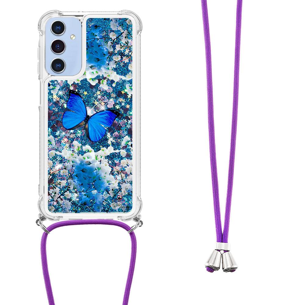 

For Samsung Galaxy A15 5G TPU Case with Lanyard Quicksand Pattern Print Phone Cover Blue Butterfly
