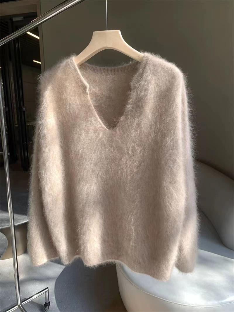 

Женский свитер из желтого мохера Goose Mohair на осень и зиму - мягкий, высококачественный флис норки, уютный ленивый стиль Extra Large верблюд