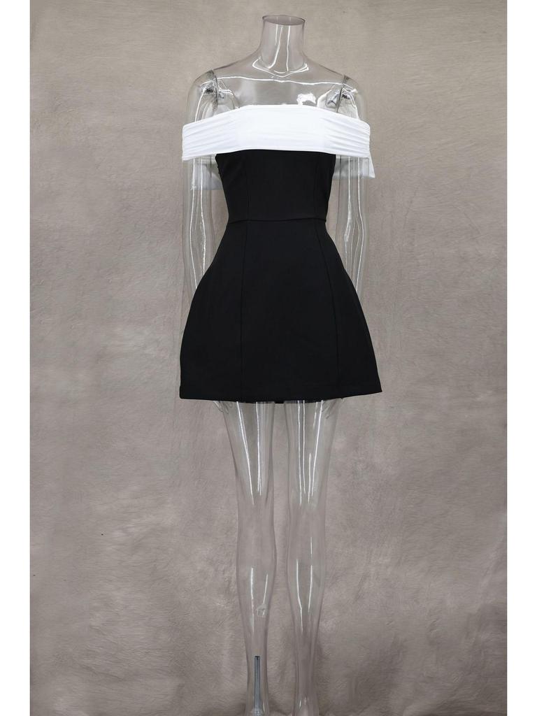 One-Shoulder Black & White A-Line Dress with Bow - Waist-Defining Design, Spring/Summer