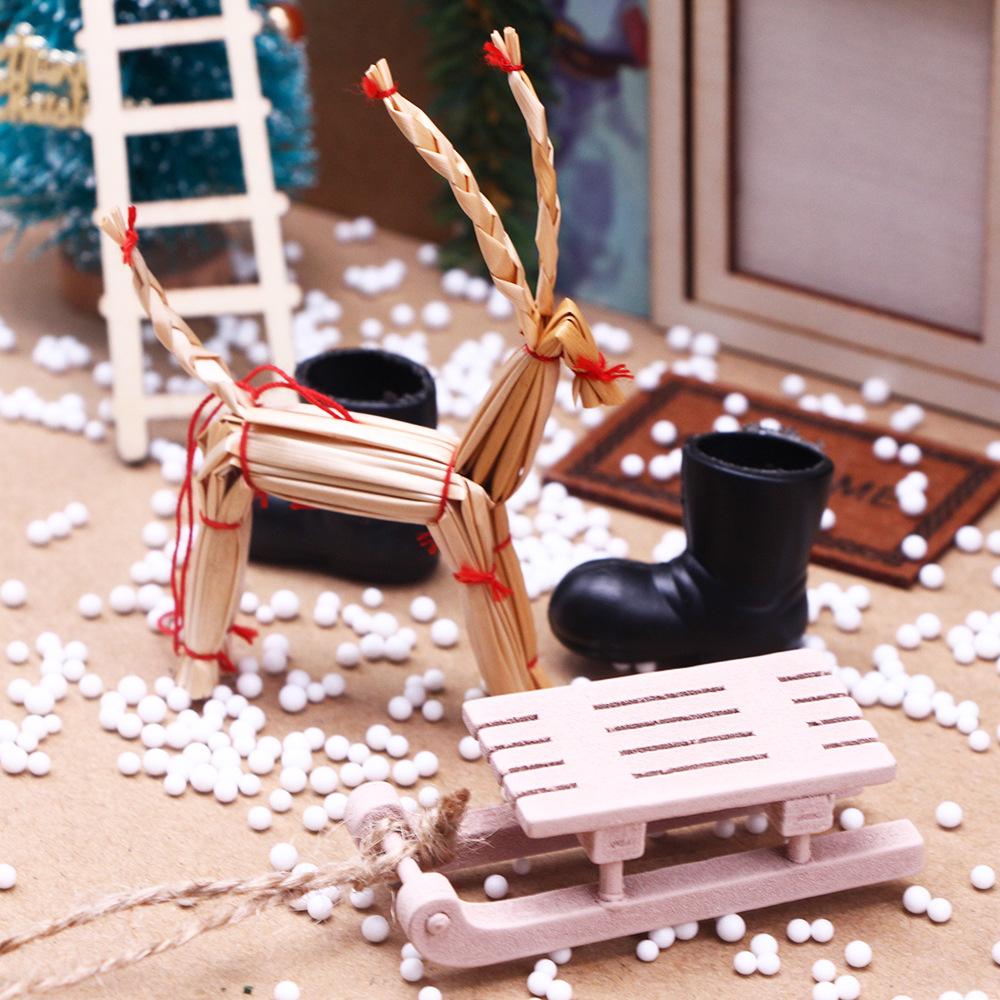 1PCS Dollhouse Miniature Wooden Sleigh Model Sled Ornament Christmas Vintage Living Scene Tree Hanging Decor Xmas Gift Pendant