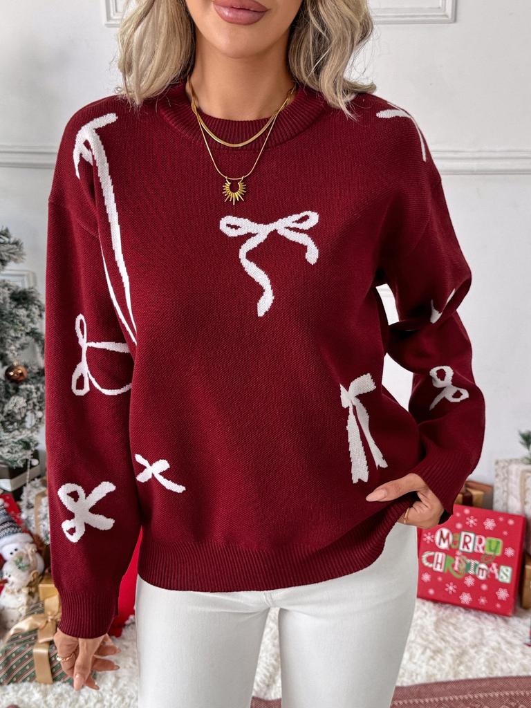 European & American 2025 Autumn/Winter Women's Knit Bow Jacquard Pullover Sweater, Sweet Christmas Style